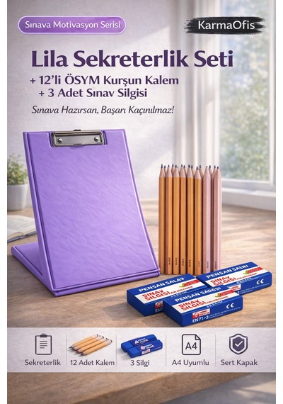 Lila Sekreterlik Seti + 12 Li Ösym Kurşun Kalem + 3 Sınav Silgisi Sınav Hazırlık Seti