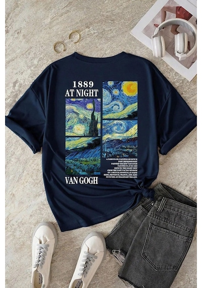 Unisex Van Gogh Yıldızlı Gece Sırt Baskılı Oversize T-shirt Lacivert