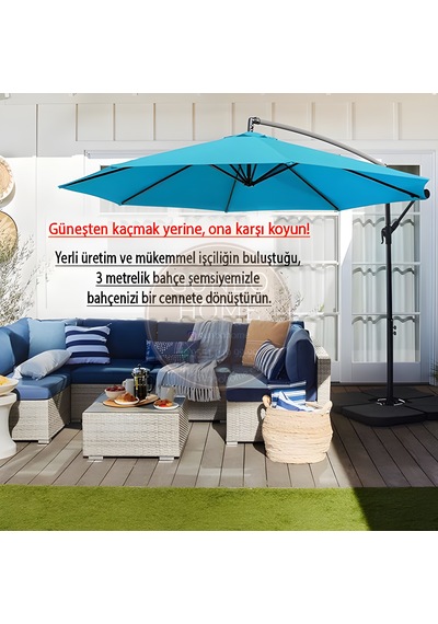 Gunbo Home 3 Mt 8 Kaburga Full Demir 21 Kg Turkuaz Bahçe Şemsiyes