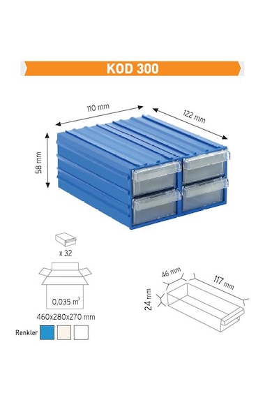 Sembol 300 Plastik Çekmeceli Kutu 4,6X11,7X2,4 Cm 20 Çekmeceli