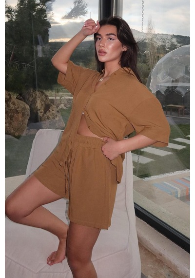 Madmext Camel Basic Kadın Şort Gömlek Takım Mg2361