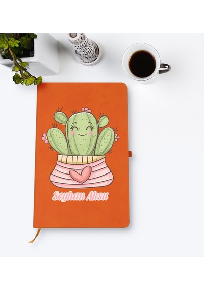 Kişiye Özel Kaktüs Tasarımlı Turuncu Termo Deri Defter Model 2