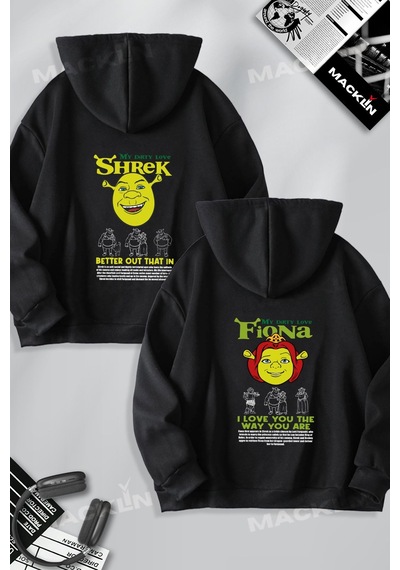 Macklin Sevgili Çift Kombini Shrek And Fioana Sırt Baskılı Kapüşonlu Sweatshirt 2li Takım Siyah Mck1493 Siyah
