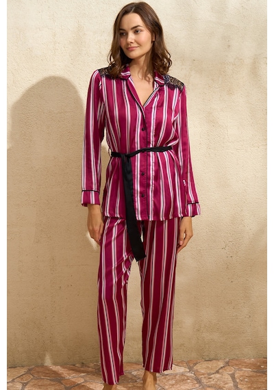 Man9765-1011 Anıl Ev Giyim Kadın Saten Çizgili Düğmeli Uzun Kol Dantelli Gömlek Ve Pantolon Pijama T Bordo