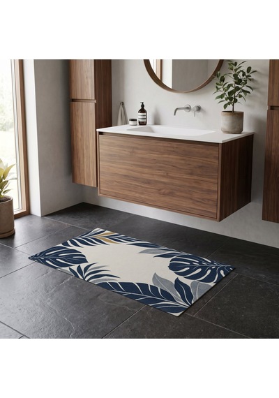 Kartela Halı Botanik Yaprak Desenli Banyo Paspası Lacivert Kaymaz Taban 60x90 Cm