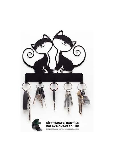 Anahtar Askılığı, Metal Anahtarlık Askısı, Kedi Desenli Anahtar Askılığı Siyah Siyah