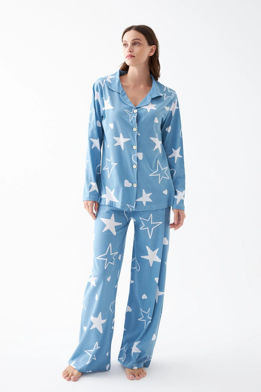 Akbeniz Kadın Mavi Yıldız Desenli Düğmeli Pamuklu Pijama Takımı Mavi