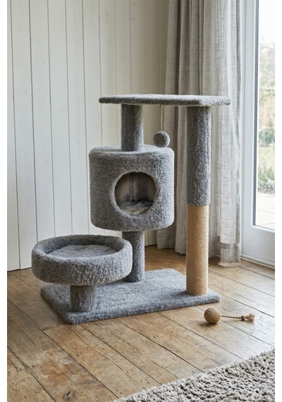 Missidea Nrs-013 Yuvarlak Teras Ve Yuvalı Kedi Tırmalama Evi Gri