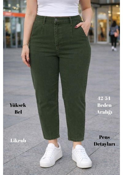 Cedy Denim Mom Fit Jean Büyük Beden Yüksek Bel Carrot Kesim Dar Paça Pileli Esnek Kot Pantolon C600 Haki