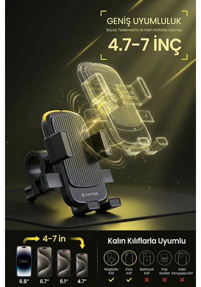 Halat Tasarımlı Ultra Güvenli 360 Ayarlanabilir Motosiklet Ve Bisiklet Telefon Tutucu Siyah
