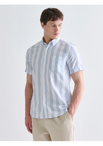 Lcwaıkıkı Classic Mavi Regular Fit Kısa Kollu Çizgili Armürlü Erkek Gömlek