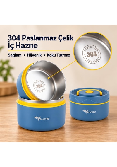 Valkyrie 2 Katlı Taraftar 304 Paslanmaz Çelik Yemek Termosu 420+550 Ml Isı Yalıtımlı Çantalı Lacivert