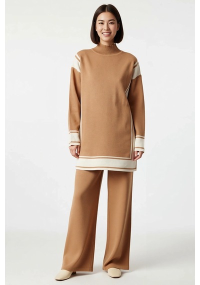 Benerly Kadın Büyük Beden Oversize Triko Tunik Pantolon Takımı Renk Blokl Camel