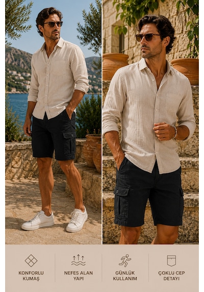 Serseri Jeans Erkek Likralı Kargo Şort Rahat Kalıp Çok Cepli Premium Günlük Casual Yazlık Şort Siyah