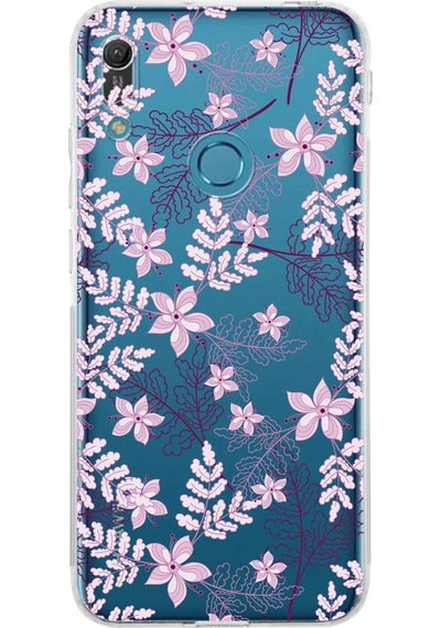 Huawei Y6 Pro 2019 Uyumlu Kamera Korumalı Floral Pudra Tasarımlı Şeffaf Silikon Kılıf