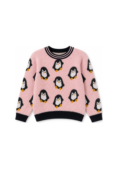Penguen Desenli Kız Çocuk Kazak 23212 Pembe
