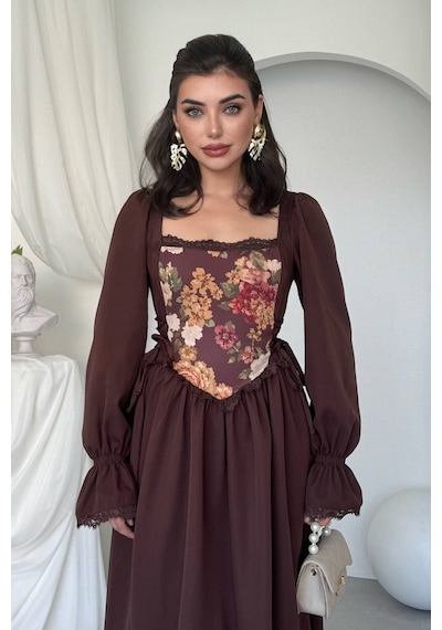 Nils Boutique Vintage Korsajlı Midi Elbise Kahverengi