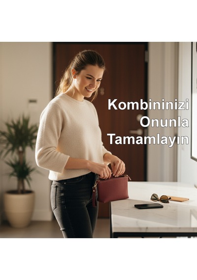 Hakiki Deri El Yapımı Bordo Clutch Çanta Yumuşak Deri Günlük Kadın Çantası Bileklik Askılı