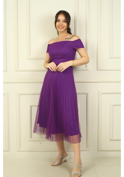 By Saygı Madonna Yaka Astarlı Eteği Şifon Pilisoley Elbise-40140 Mor