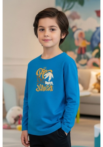 Fyk Kids Sıfır Yaka Rio De Jenerio Baskılı Erkek Çocuk Sweatshirt Mavi