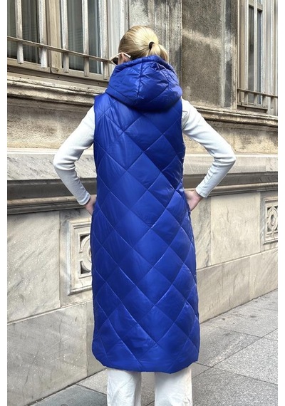Veraura Lifestyle Saks Mavi Kapüşonlu Cepli Baklava Desen Uzun Şişme Yelek