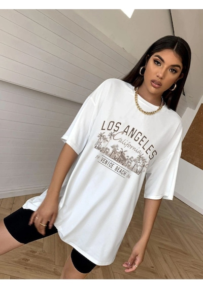 Flood Of Style Kadın Beyaz Los Angeles Baskılı Oversize Bisiklet Yaka Tshirt