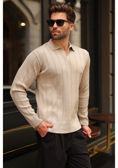 Madmext Taş Rengi Polo Yaka Desenli Over Fit Erkek Triko Kazak E7517