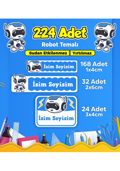 Sevimli Robot Temalı Okul Kreş Kişiye Özel İsim Etiket Seti - Model 429 Çok Renkli