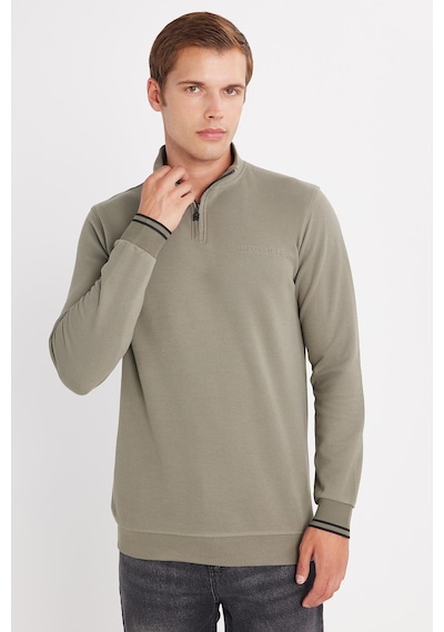Tudors Erkek Slim Fit Dar Kesim Pamuklu Yarım Fermuarlı Dik Yaka Haki Sweatshirt-35786 Haki