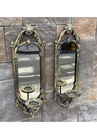 Dekoratif Polyester Tekli Niş Dikdörtgen Aynalı Mumluk Takımı Gold Eskitme