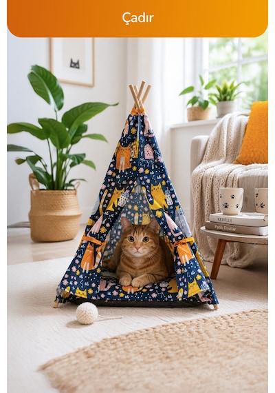 Kedi Ve Küçük-orta Irk Köpekler İçin 4 Lü Konfor Seti, Çadır, Minder, Mama Kabı, Vantuzlu Cam Yatağı