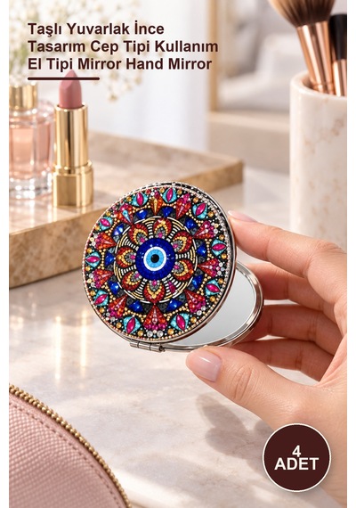 4 Adet El Aynası Taşlı Yuvarlak İnce Tasarım Cep Tipi Kullanım El Tipi Mirror Hand Mirror Diğer