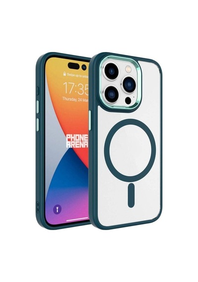 Apple Uyumlu iPhone 15 Pro Max Kılıf Wireless Şarj Özellikli Zore Krom M-safe Silikon Kapak Koyu Yeşil