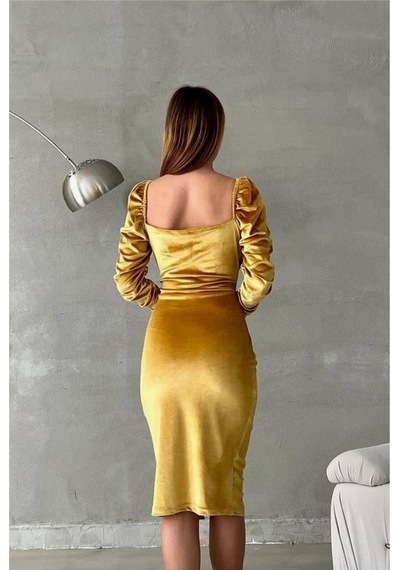DefyModa Kadın Modern Tasarım Kadife Kumaş Kalp Yaka Yırtmaçlı Midi Abiye Elbise Sarı