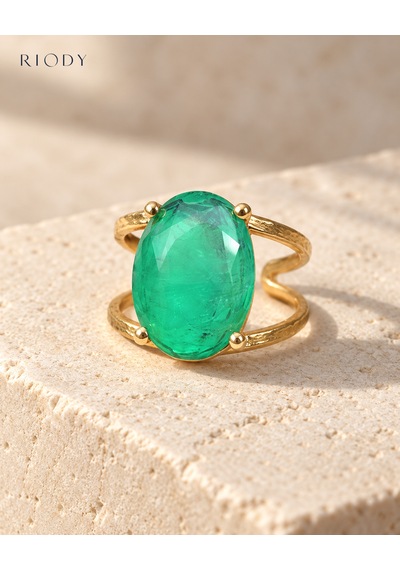 Riody Regard Vert Gold Kaplama Yeşil Kedi Gözü Doğal Taşlı Ayarlanabilir Kadın Yüzük Altın Sarısı