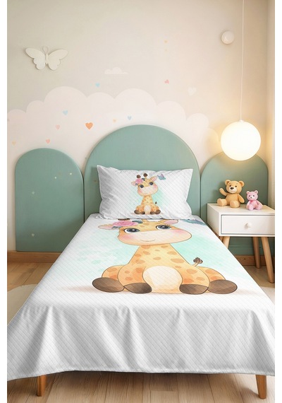 Evimde Bambaşka Zürafa Pastel Mint Kız Çocuk Pike Takımı-çiçekli Sevimli Pembe Bebek Odası Yatak Örtüsü-160x220  CM