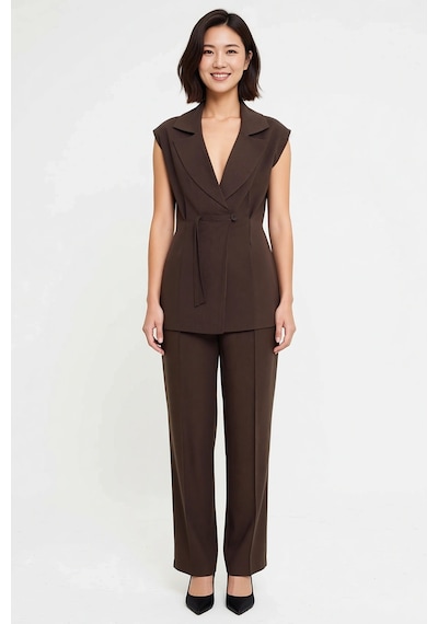 Benerly Kadın Oversize Ceket Yaka Kolsuz Dokuma Yelek Bol Paça Pantolon T Kahverengi Benerly Kadın Oversize Ceket Yaka Kolsuz Dokuma Yelek Bol Paça Pantolon T Kahverengi