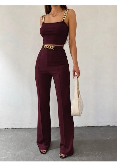 Efnaz Style Kadın Zincir Askılı Krop Ithal Krep Bluz Ve Pantolon Ikili Takım Bordo