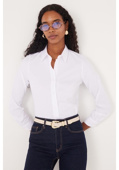 Tudors Kadın Slim Fit Dar Kesim Uzun Kollu Pamuklu Vücuda Oturan Dokulu Beyaz Basic Gömlek-35317 Beyaz