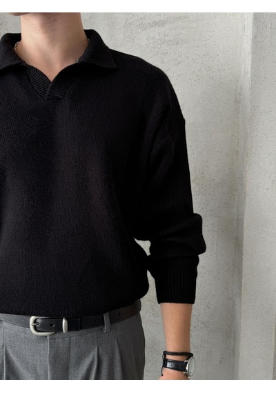 Erkek Polo Yaka Örme Oversize Kazak Siyah