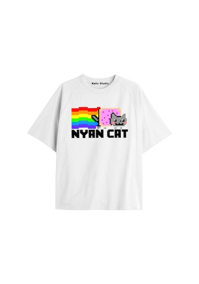 Kalic Studio Nyan Nyan Cat Oversize Unisex T-shirt Beyaz Turuncu