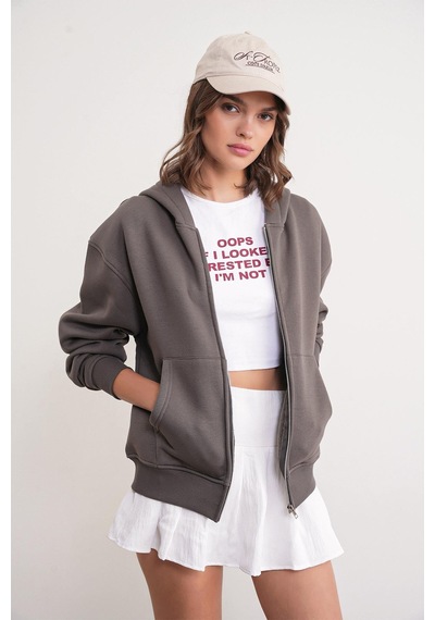 Mixray 2023 Unisex 3iplik Basic Polarlı Fermuarlı Sweatshirt Hoodie Antrasit