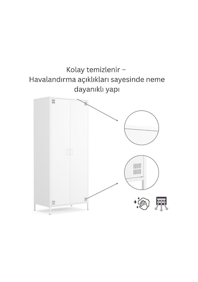 Pera Metal Elbise Dolabı, Soyunma Dolabı, İki Kapılı, 80,50 X 50 X 189,50 Cm Ral 9016 Beyaz