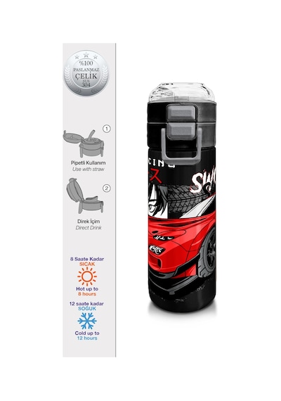 Coral High Kids Siyah Kırmızı Anime Araba Desenli Pipetli Ve Direkt İçim Çelik Termos 500 Ml 31948 Kırmızı - Mavi - Siyah