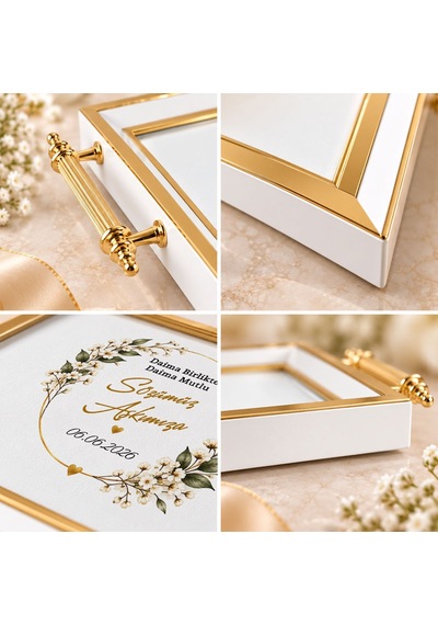 Bk Gift Kişiye Özel Beyaz&gold Söz Nişan Tepsisi-5 - 39x23 Cm Çok Renkli