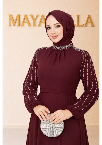 Mayabella İşlemeli Abiye Tesettür 20251311-mb3 Bordo Bordo