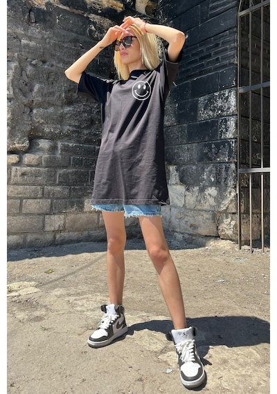 Madmext Siyah Baskılı Oversize Yuvarlak Yaka Kadın Tişört-siyah Siyah Madmext Siyah Baskılı Oversize Yuvarlak Yaka Kadın Tişört-siyah Siyah