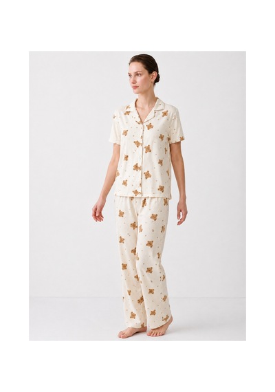 Regular V Yaka Günlük Kırık Beyaz Pijama Takımı