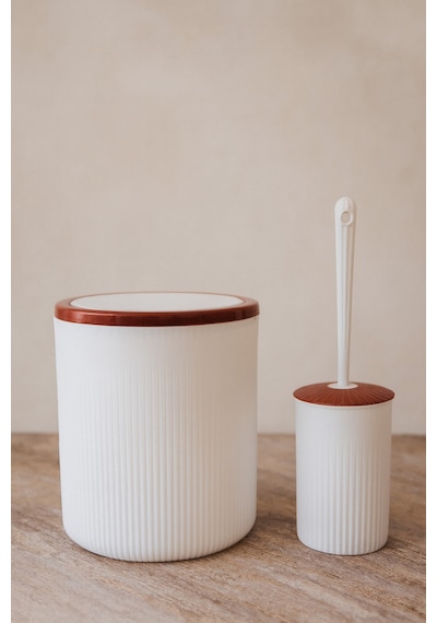 Makri Home Elegan Kahve Beyaz 2 Li Banyo Seti 6 Litre Çöp Kovası & Wc Fırçalık Takımı Kahverengi - Krem