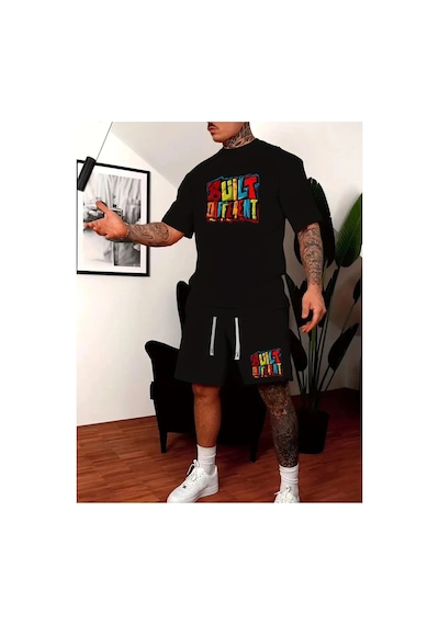 Erkek Siyah''renkli Built Different Baskılı'' Basic Oversize T-shirt- Şort Takım Strup0000000000014